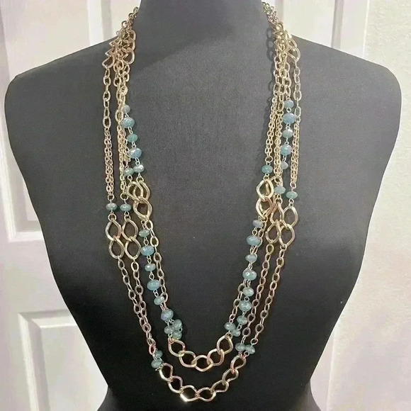 Beautiful layered chain long gold tone and blue beaded necklace - Picture 1 of 8